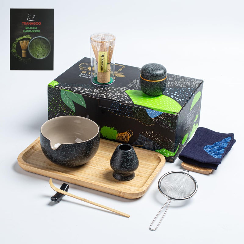 TEANAGOO Matcha Whisk Set 10 قطع مجموعة ماتشا طقم ماتشا للاحتفال طقم شاي ماتشا مع صينية خفق ماتشا ووعاء سيراميك مع مغرفة ماتشا ومنخل يستخدم لصنع شاي ماتشا بعد الظهر - Image 1